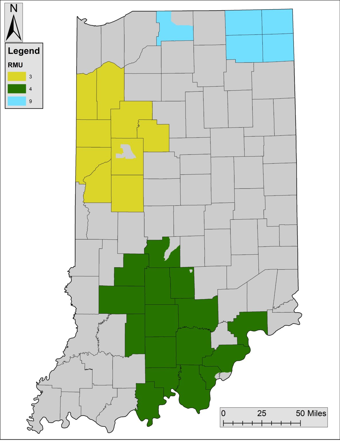 Indiana state map showing all counties and three colored-coded Research Management Units in the northwest and northeast and southern portions of the state.