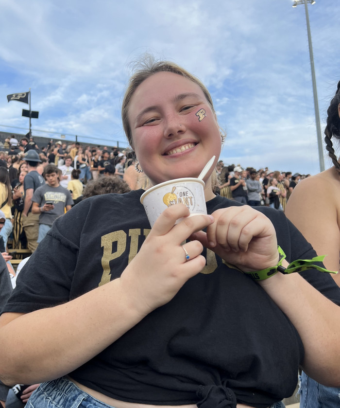 Alexandra with Boiler Chips Ice Cream at a Purdue Football Game