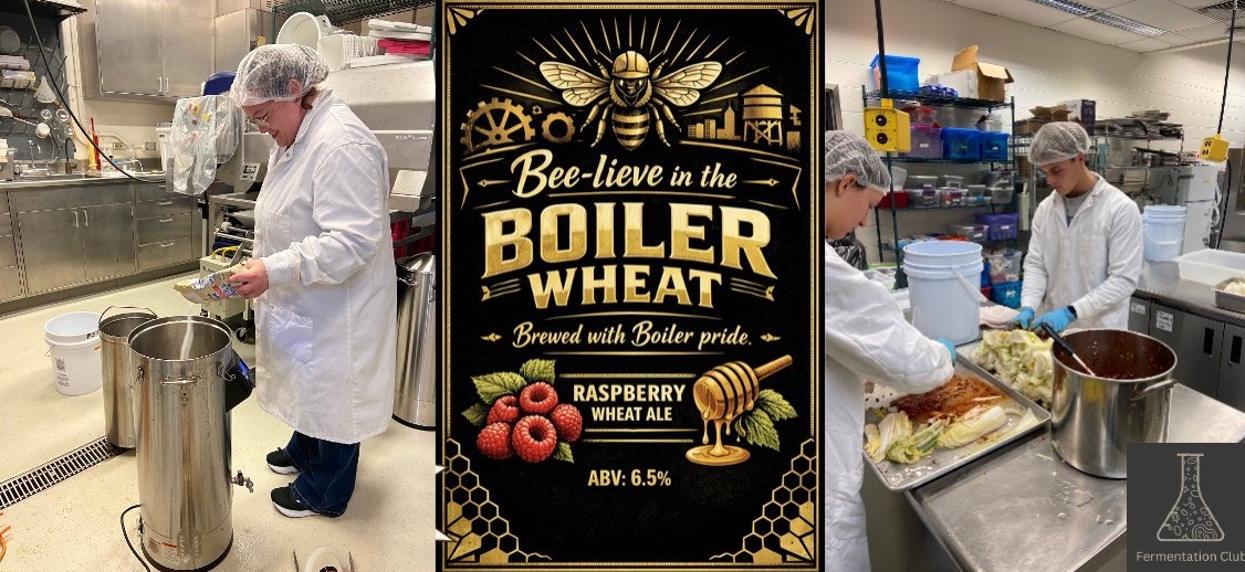 Students making beer and kimchi, beer label
