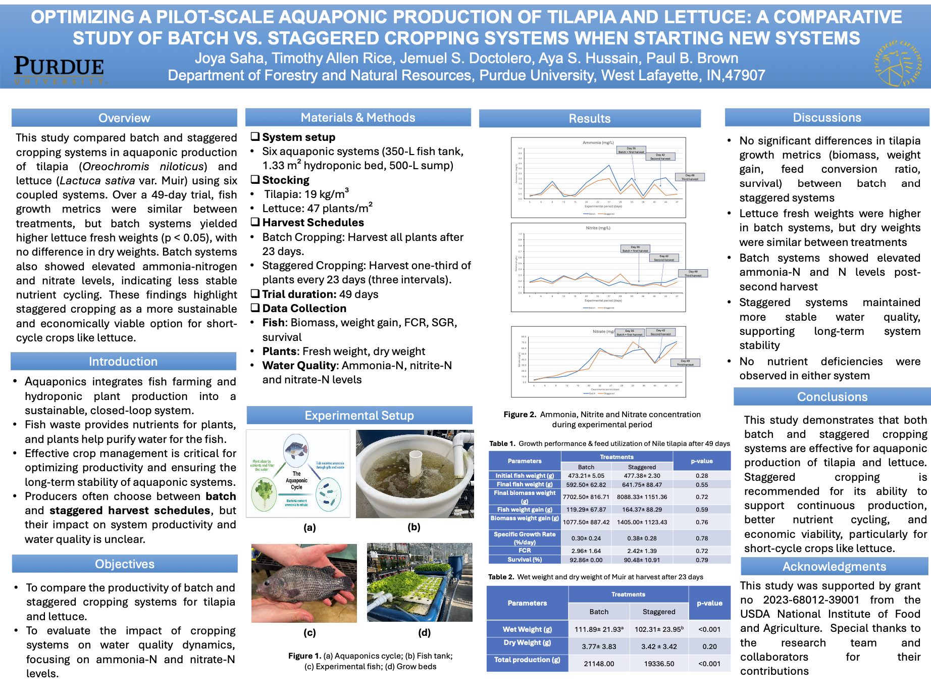 poster about OPTIMIZING A PILOT-SCALE AQUAPONIC PRODUCTION OF TILAPIA AND LETTUCE: A COMPARATIVE STUDY OF BATCH VS. STAGGERED CROPPING SYSTEMS WHEN STARTING NEW SYSTEMS