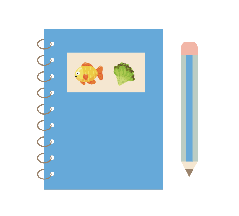 notebook with fish and lettuce on it and pencil next to it