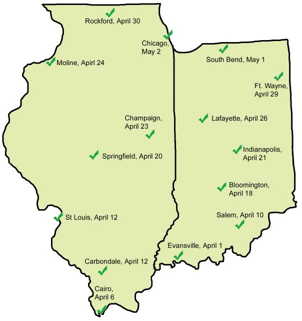 predicted crabgrass germination in Illinois and Indiana, ranging from April 1 in the south, to May 2 in the north.