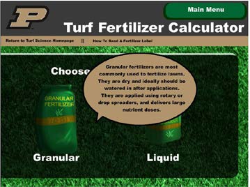 Screenshot of a turf fertilizer calculator interface showing options for granular and liquid fertilizer types.