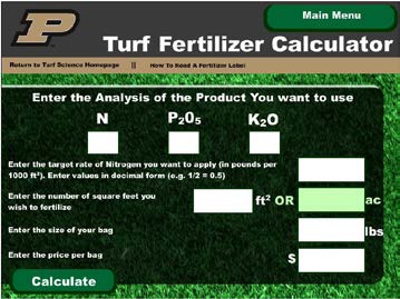 Screenshot of turf fertilizer calculator input form with fields for nitrogen, phosphorus, potassium, lawn size, and fertilizer amount.