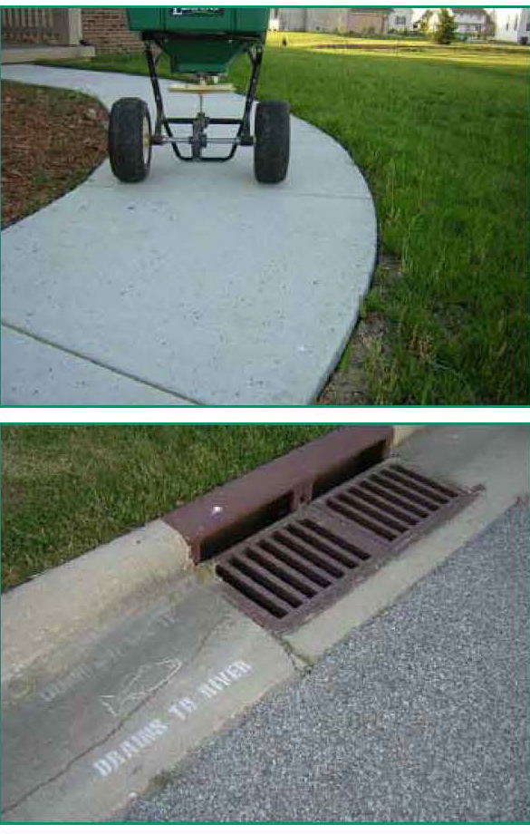 Fertilizer spreader on a sidewalk next to turf and a storm drain, illustrating proper application and risks of runoff into drains.