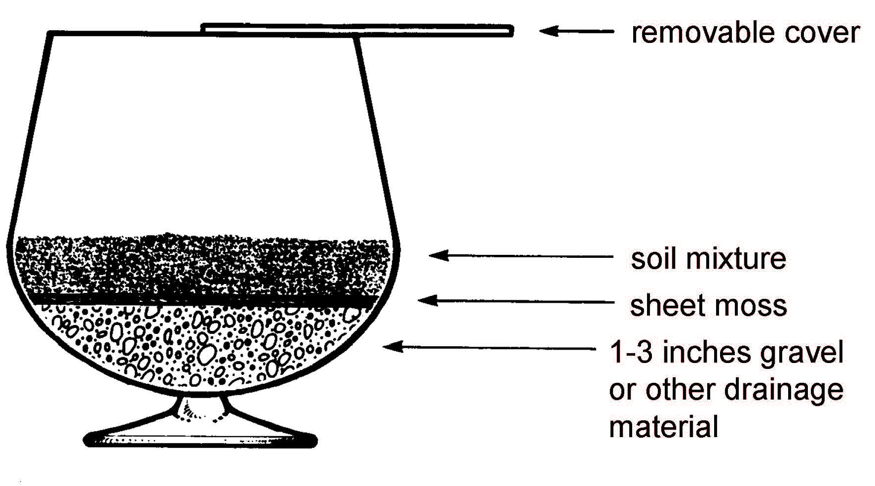 Diagram of terrarium layers including bottom drainage material, sheet moss barrier, soil mixture, and a removable cover.