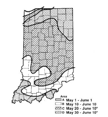 Map of Indiana showing shaded regions with labeled date ranges indicating recommended planting times.