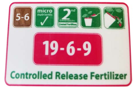Fertilizer label showing a 19-6-9 analysis and indicating controlled-release fertilizer with micronutrients.