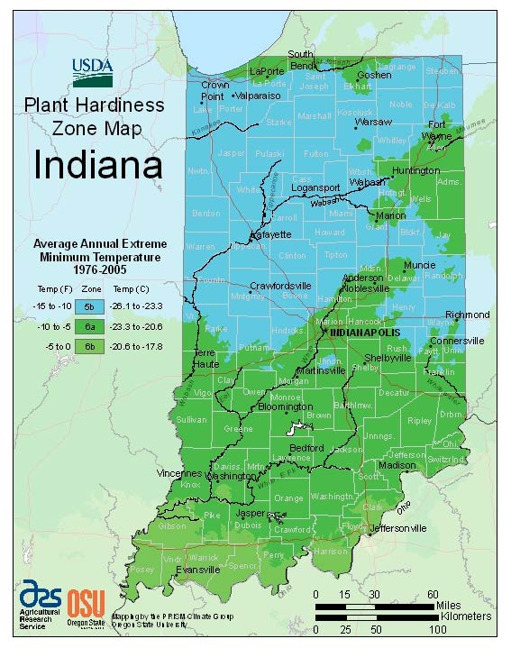 USDA heatmap of plant hardiness in Indiana