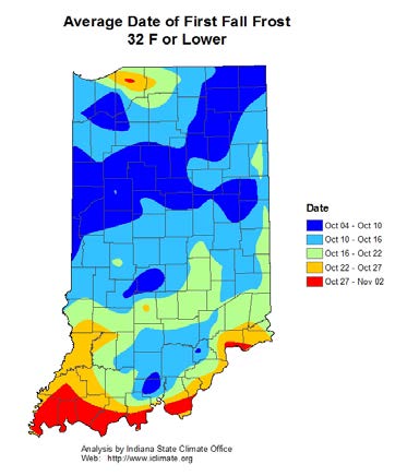 Heatmap of the average date of first fall frost in Indiana.