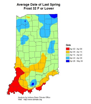 Heatmap of the average date of last spring frost in Indiana.