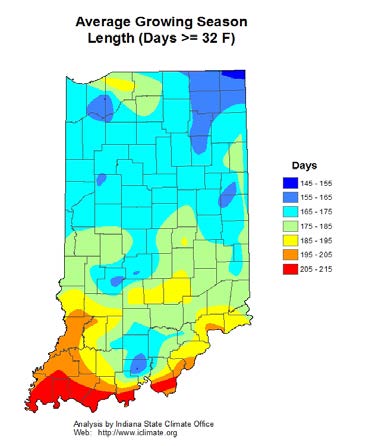 Heatmap of the average growing season in Indiana.