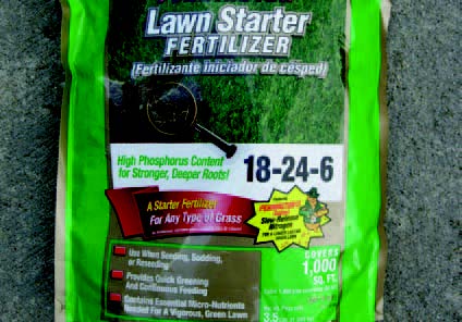 Lawn starter fertilizer bag labeled 18-24-6 with high phosphorus for root growth