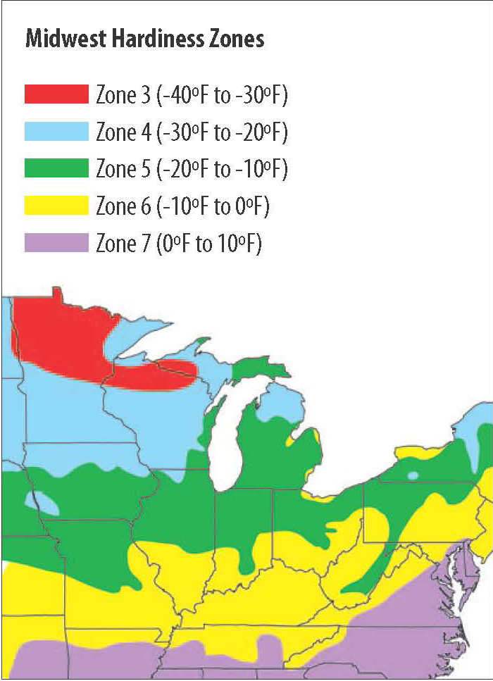 Map of Midwest plant hardiness zones with color-coded temperature ranges
