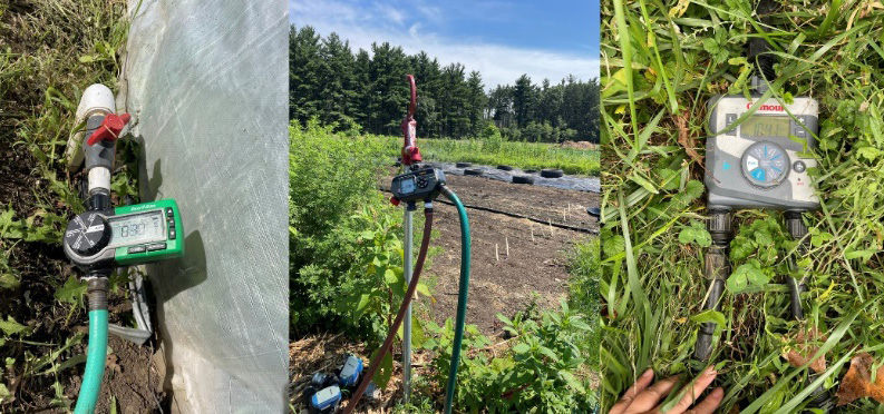 Examples of irrigation timers connected to hoses and water lines in field and greenhouse settings, used to automate watering schedules.