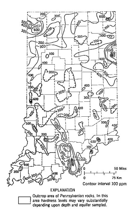 Map of Indiana with contour lines showing varying groundwater hardness levels measured in ppm calcium carbonate (CaCO₃).
