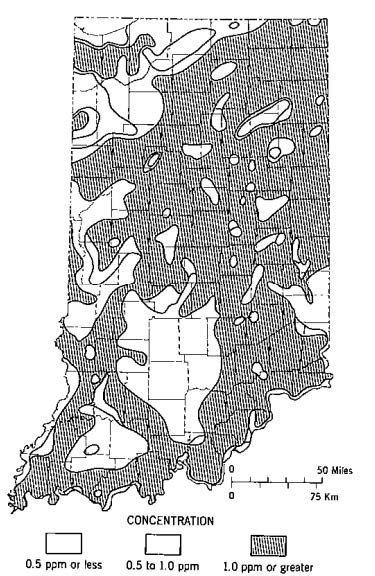 Map of Indiana shaded to show general iron concentrations in groundwater, with darker areas indicating higher ppm levels.