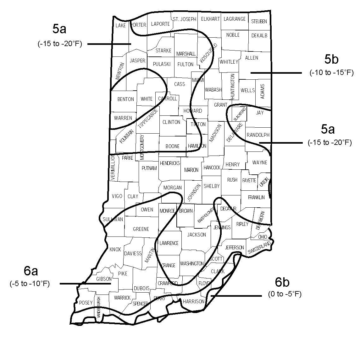 Map of Indiana showing USDA plant hardiness zones 5a, 5b, 6a, and 6b with county boundaries.