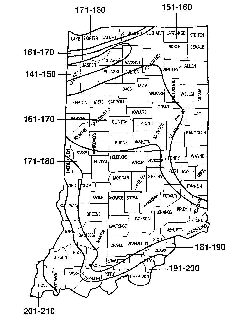 Map of Indiana showing average frost-free days ranging from about 150 to over 200 days by region.