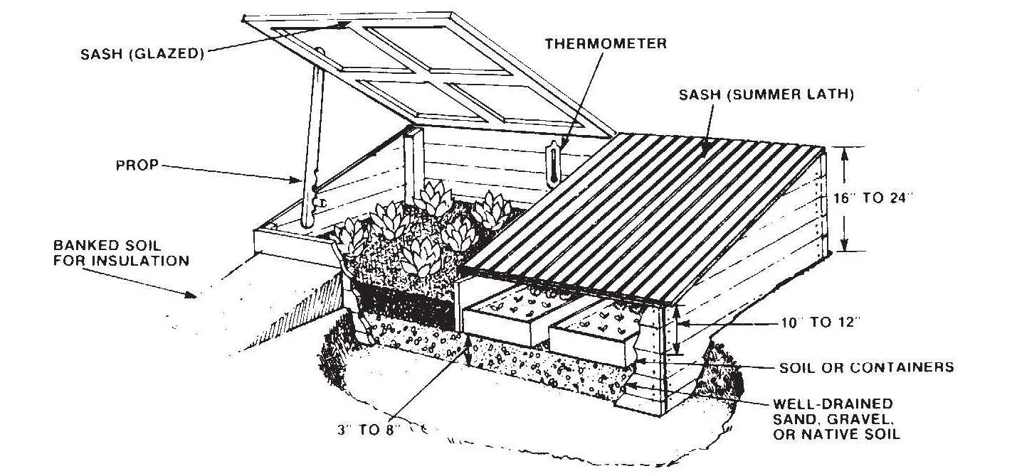  Illustration of a cold frame showing glazed sash lid, prop support, insulated soil base, and labeled structural components.