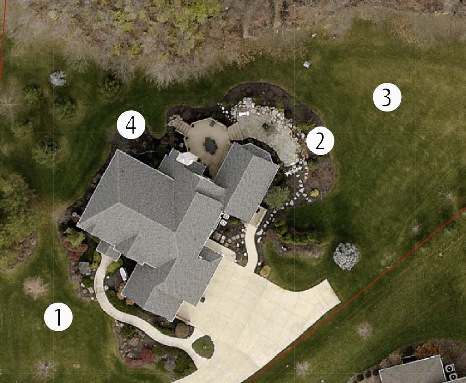 Aerial view of a residential property with four numbered sampling zones labeled 1–4 around lawn and landscape beds.