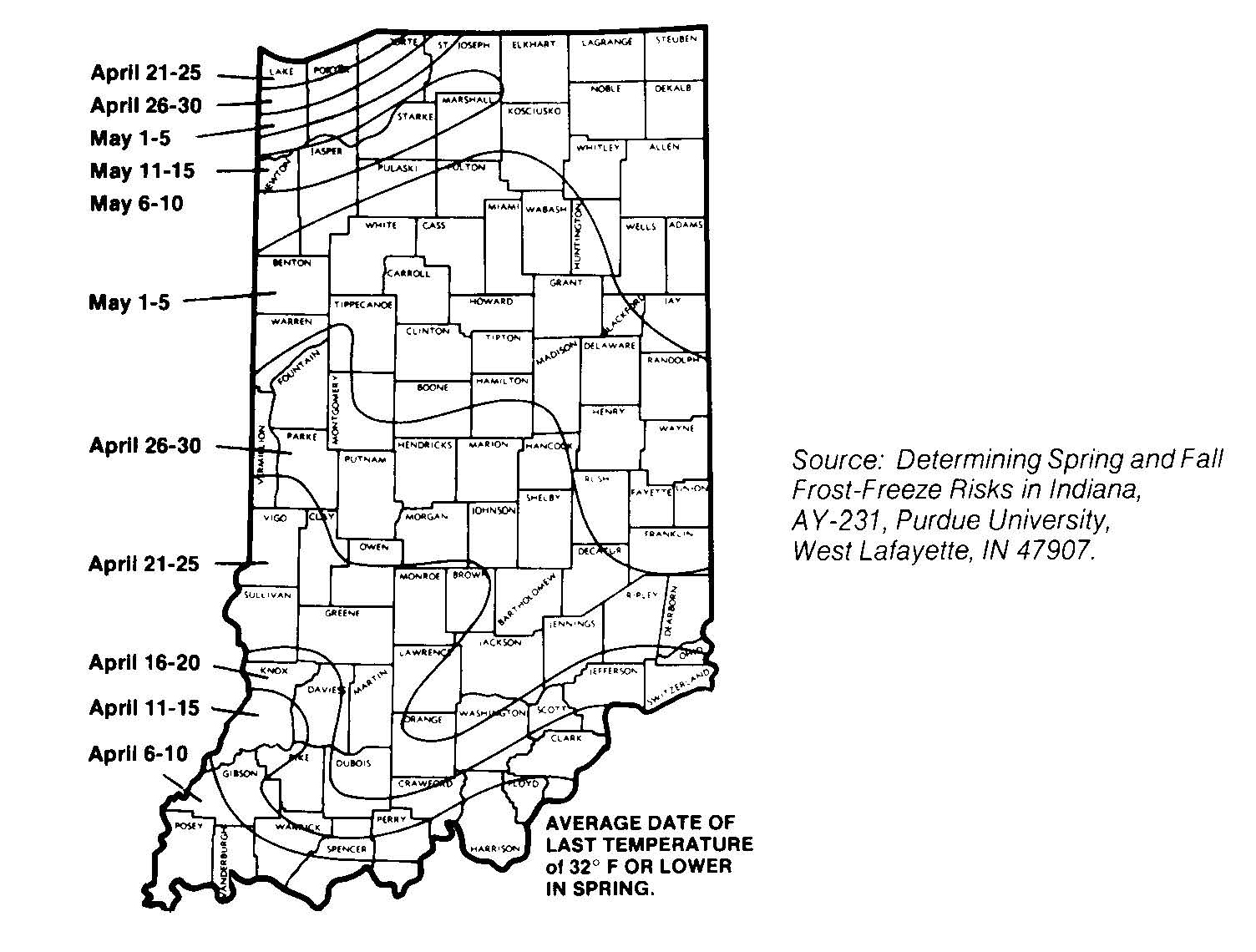 Map of Indiana showing average spring frost dates by region with labeled date ranges for last freezing temperatures.