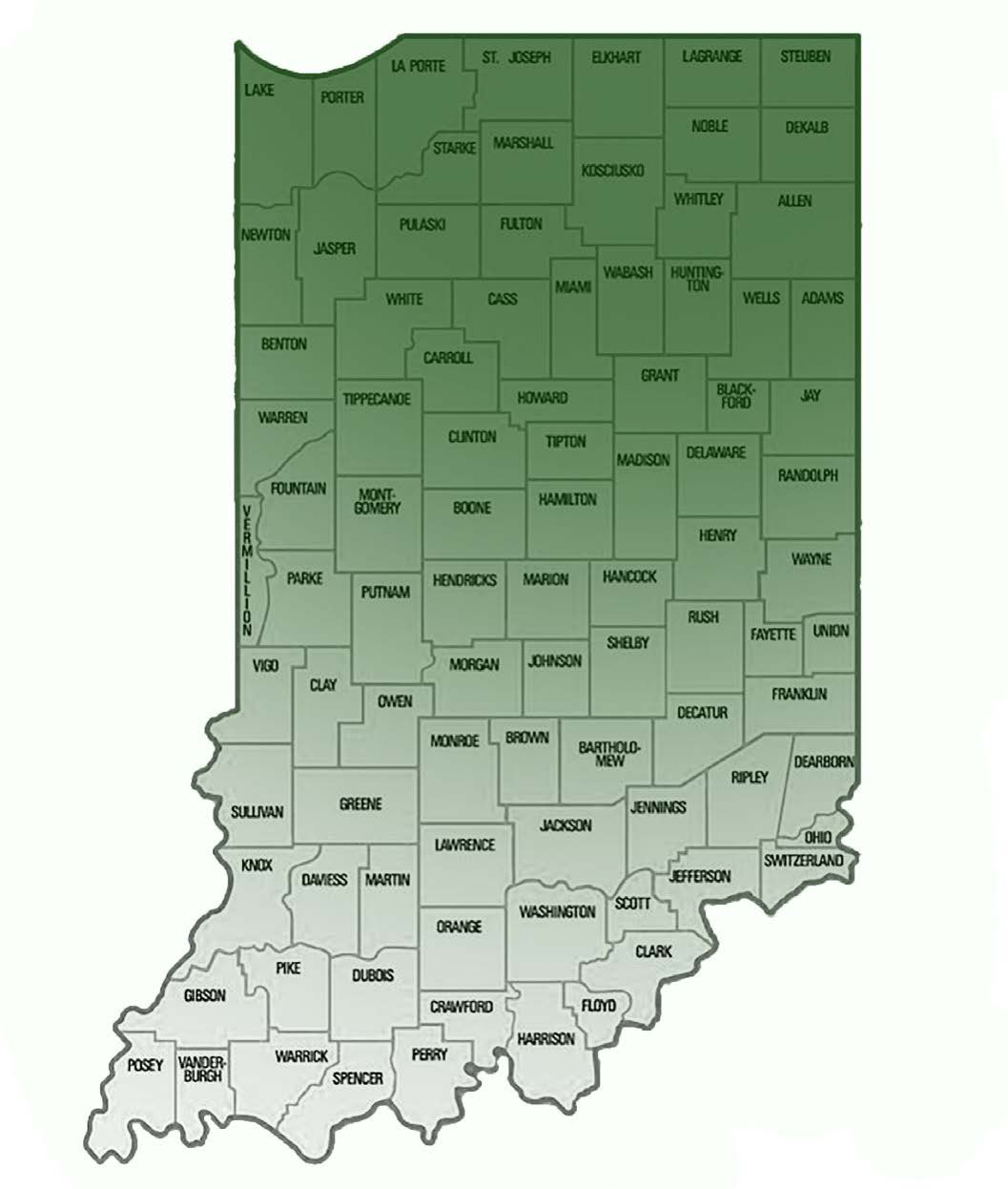 Map of Indiana highlighting regions where fine fescue performs best