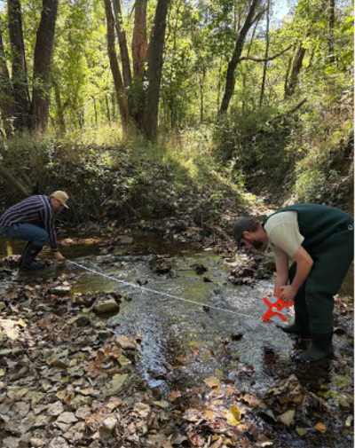 People measuring a creek bed.