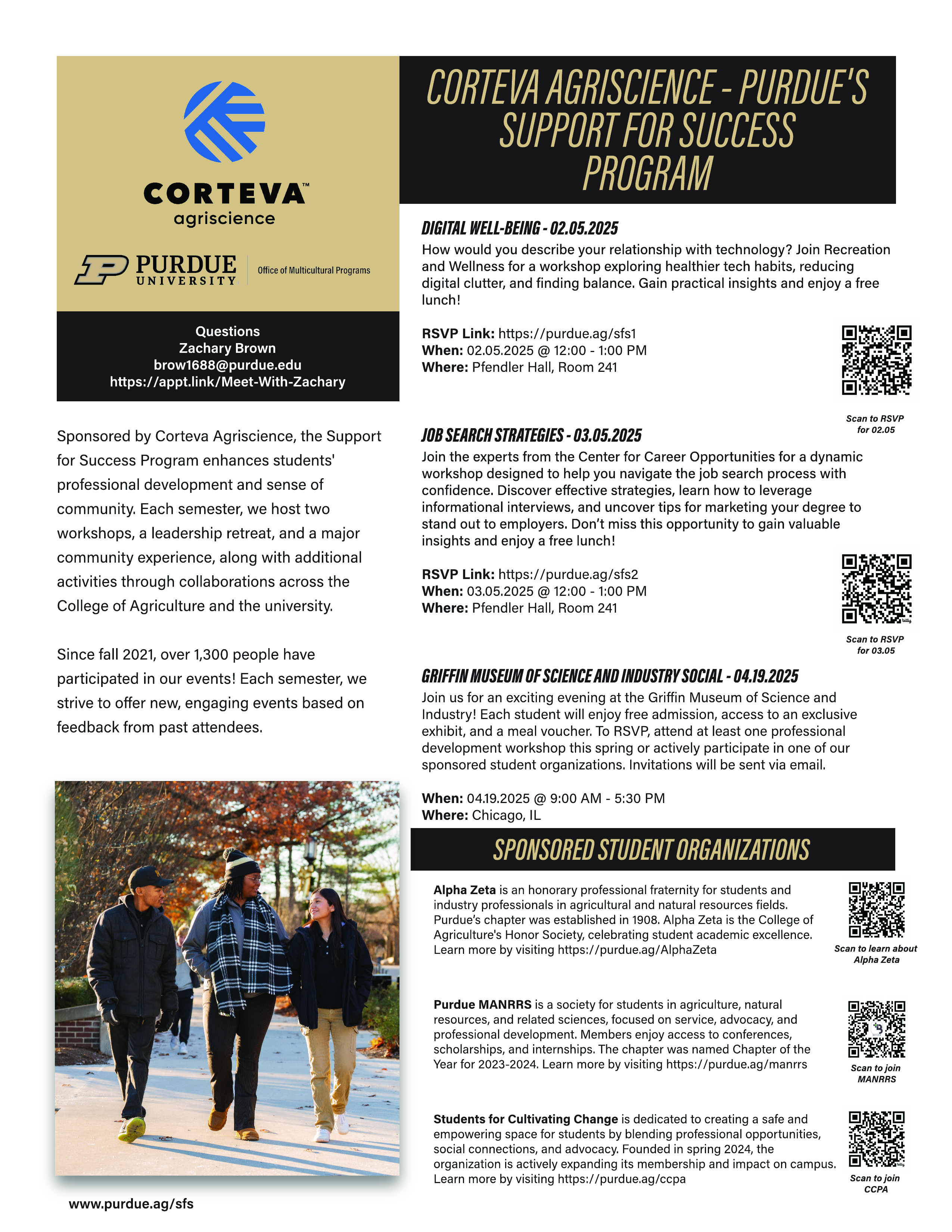 Event flyer depicted the activities hosted by the Corteva Agriscience - Purdue's Support for Success Program in Spring 2025.
