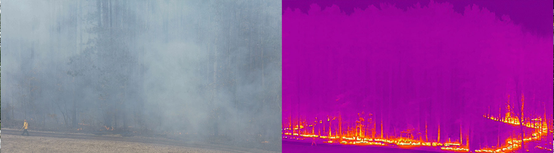 Side-by-side RGB and LiDAR photos of fire