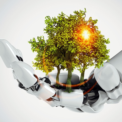 Robotic hand holding a tree 