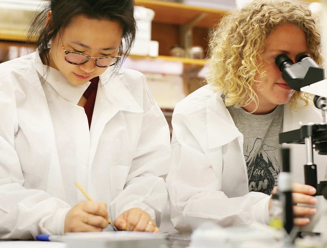 students in lab with microscope