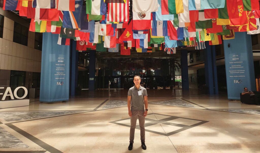 man standing under hanging international flags