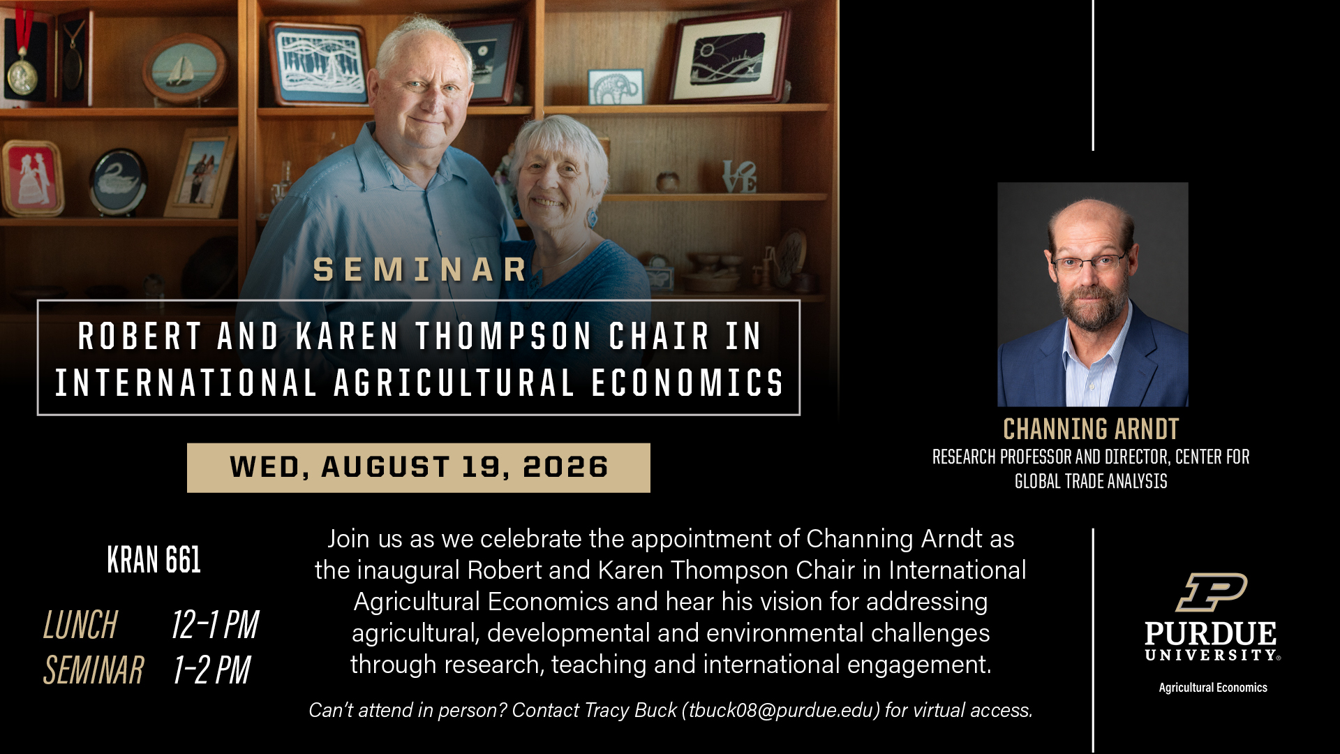 Robert and Karen Thompson featured on the left corner and Channing Arndt in the bottom right with event details