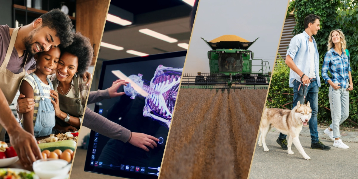 One Health Event Banner showing a family cooking food in a kitchen, a student interacting with a touch screen with a model of a skeleton, a harvester in an agricultural field, and a couple walking a dog