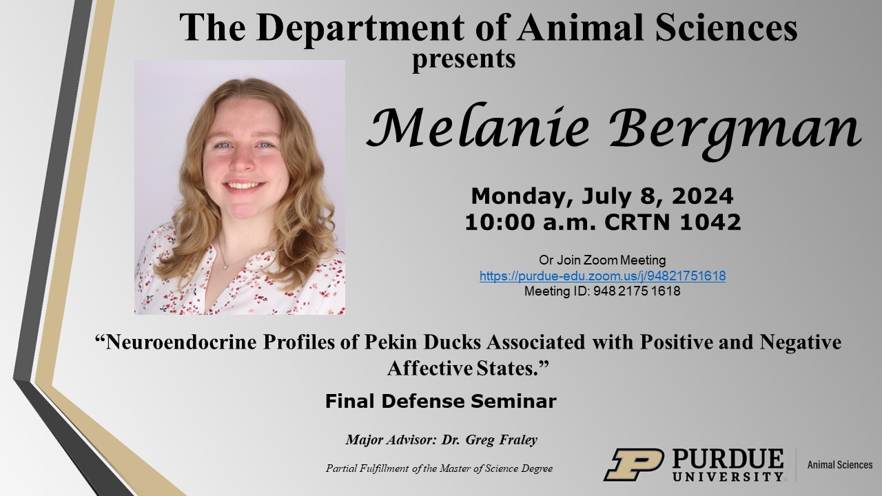 Melanie Bergman's final defense seminar flyer. Melanie defense title is "Neuroendocrine profiles of Pekin ducks associated with positive and negative affective states."
