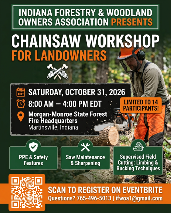Flyer information matching with event details, and in the background, there is a person cutting wood with a chainsaw.