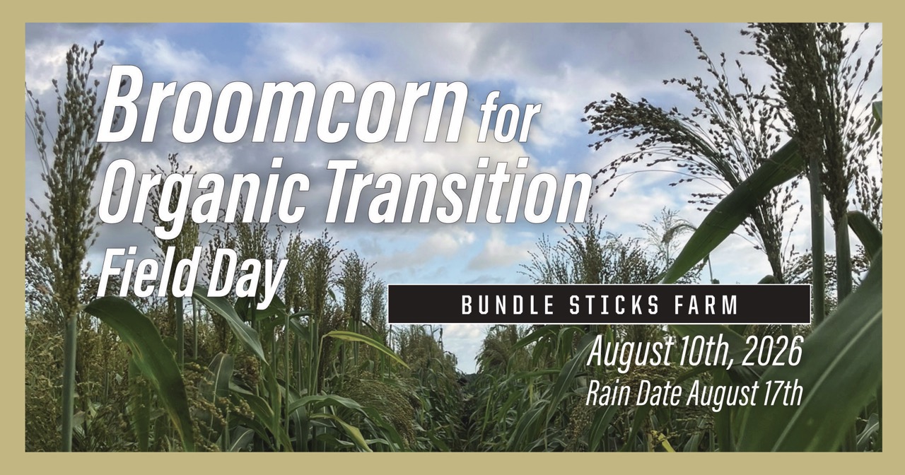Banner showing broomcorn field with text: “Broomcorn for Organic Transition Field Day,” Bundle Sticks Farm, August 10, 2026, rain date August 17.