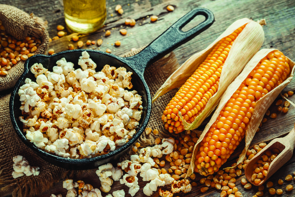 A rustic tabletop displays fluffy popcorn in a black cast-iron skillet beside fresh corn cobs, scattered kernels, and a bottle of oil.