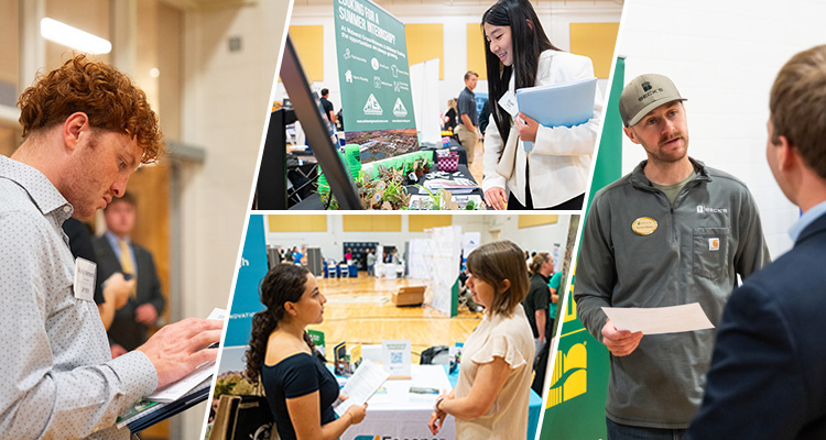 Students speak to employers at tables during the career fair