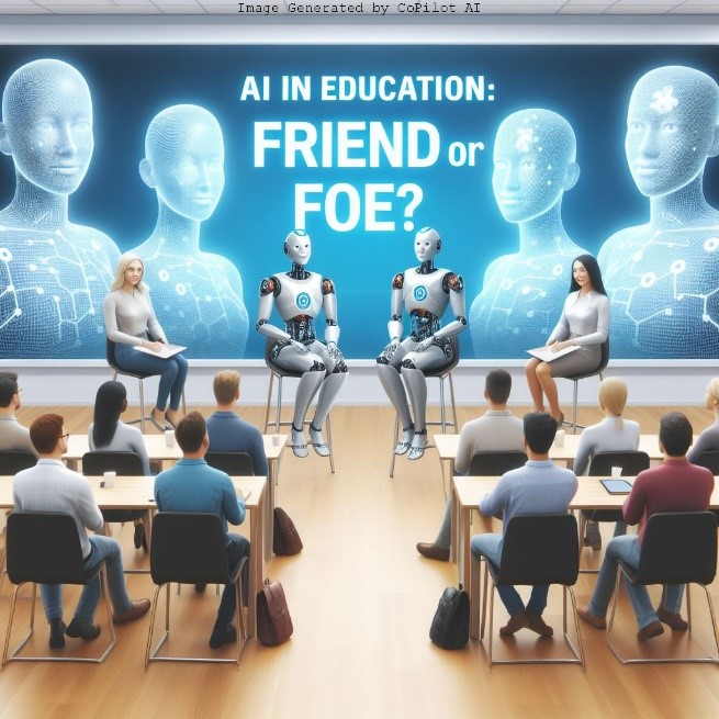graphic of robots seated in front of audience hosting conference