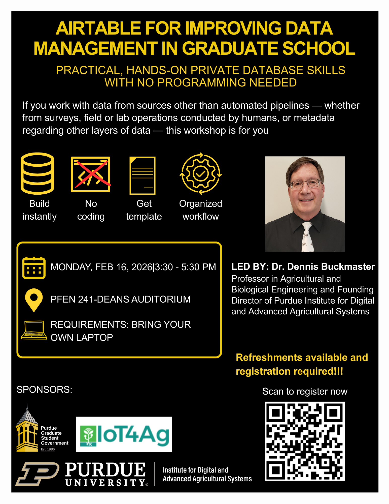 A black-and-gold flyer titled “Airtable for Improving Data Management in Graduate School” promotes a hands-on workshop for graduate students.