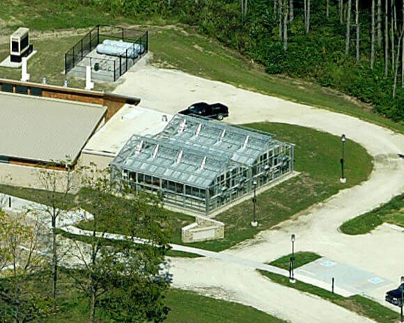 John Wright Center greenhouse aerial view.