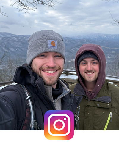 Students on spring break with snowy mountains in background, Instagram icon.