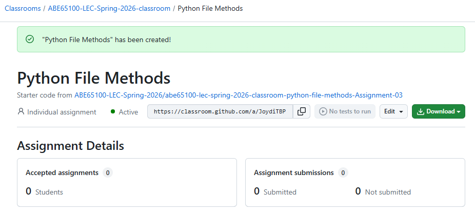 Screenshot from GitHub classroom of the final page of the build new assignment process