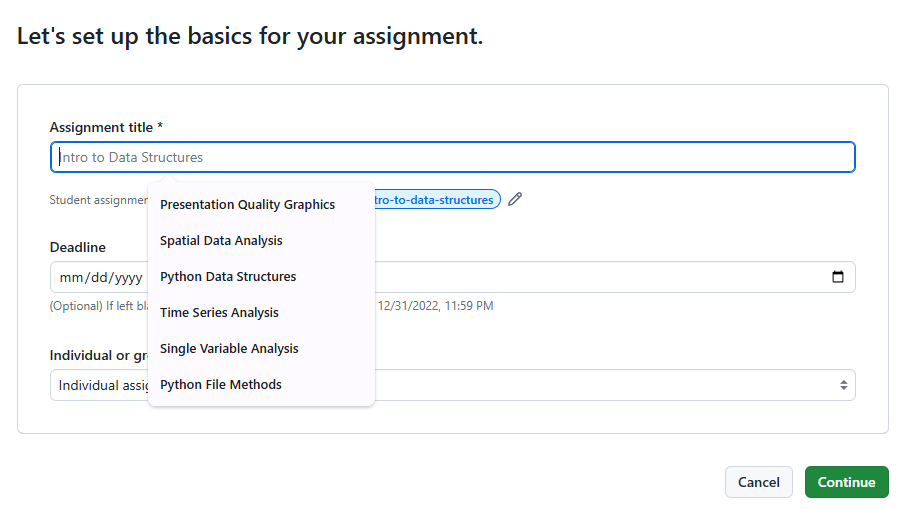 Screenshot from GitHub classroom of the first page of the build new assignment process