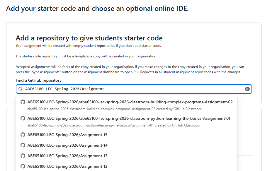Screenshot from GitHub classroom of the second page of the build new assignment process