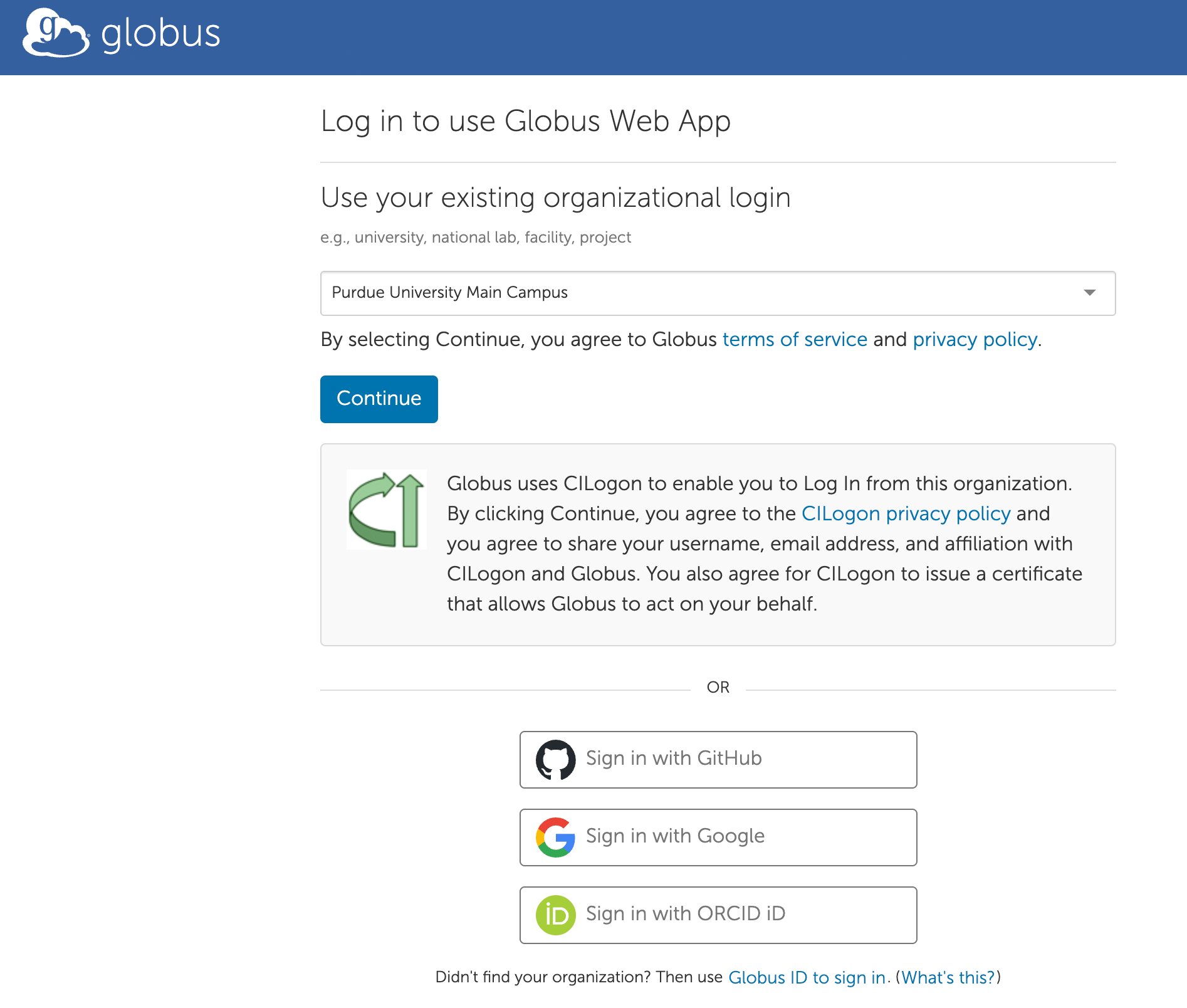 Globus Web Application login screen
