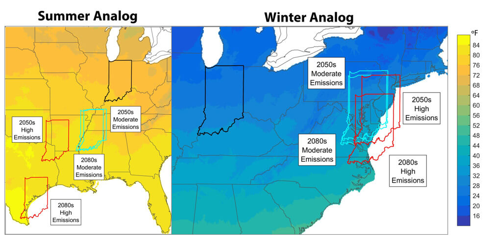 An illustration of what Indiana’s summer and winter climates will feel like under future scenarios, as compared to today’s climate in the United States.