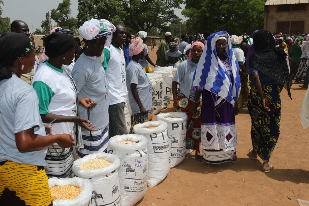 people distributing grains